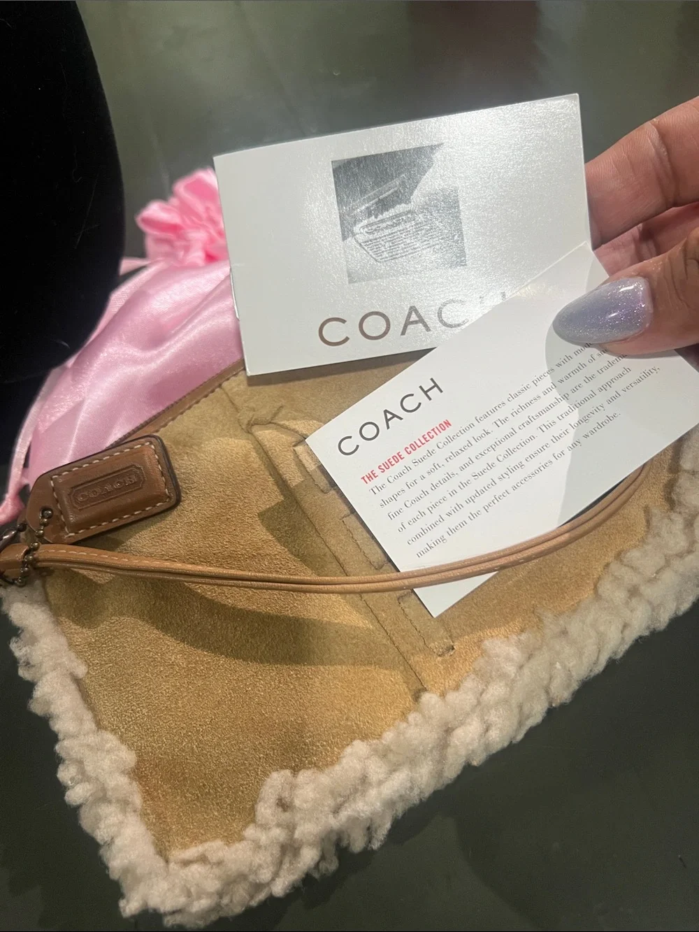 Coach Tan Suede Wristlet with Cream Shearling Trim